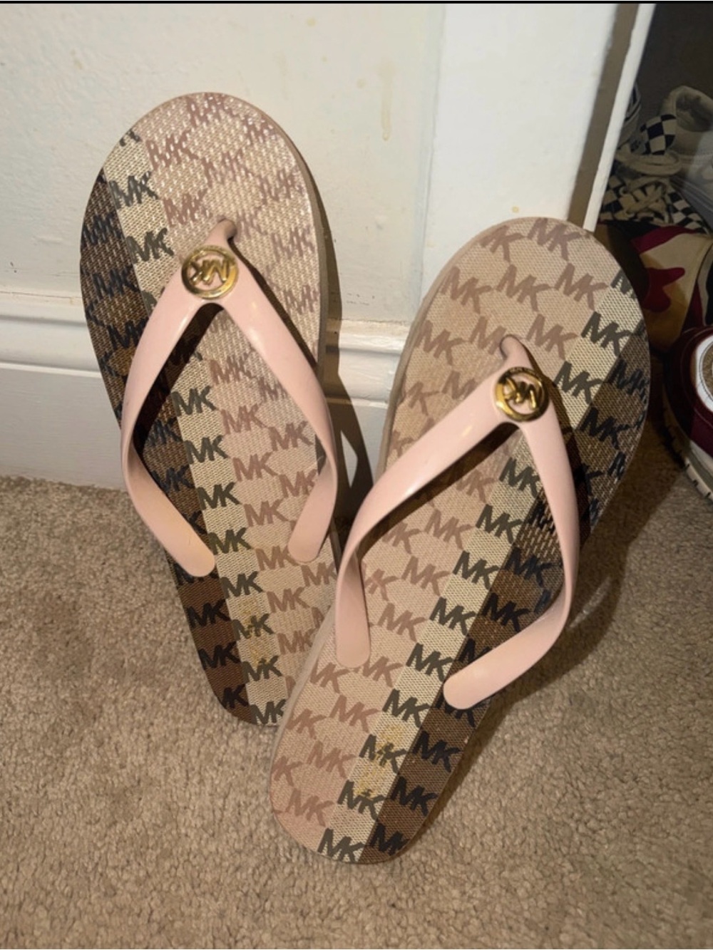 Michael Kors Pink Strap MK Logo Flip Flop Sandals